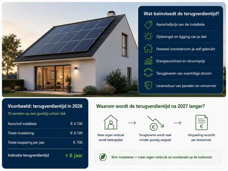 Zonnepanelen op Nederlandse woning met uitleg over terugverdientijd, zelfverbruik en einde salderingsregeling in 2027