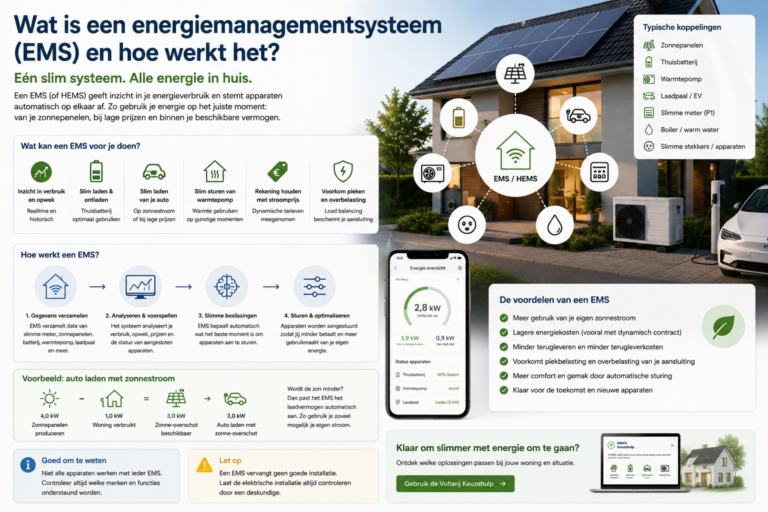 Energiemanagementsysteem bij woning met zonnepanelen, thuisbatterij, warmtepomp en laadpaal