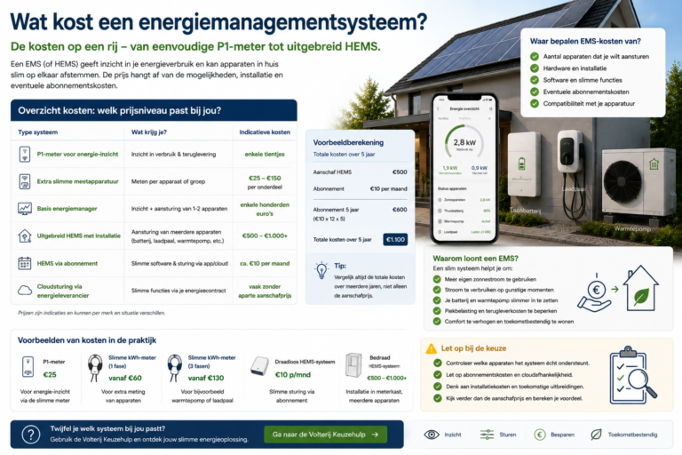 Energiemanagementsysteem met P1-meter, thuisbatterij, warmtepomp en laadpaal bij een moderne woning