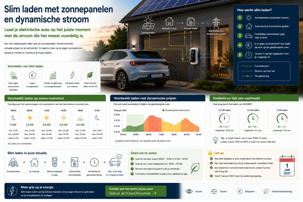 Elektrische auto slim laden met zonnepanelen, dynamische stroomprijzen en load balancing bij een woning