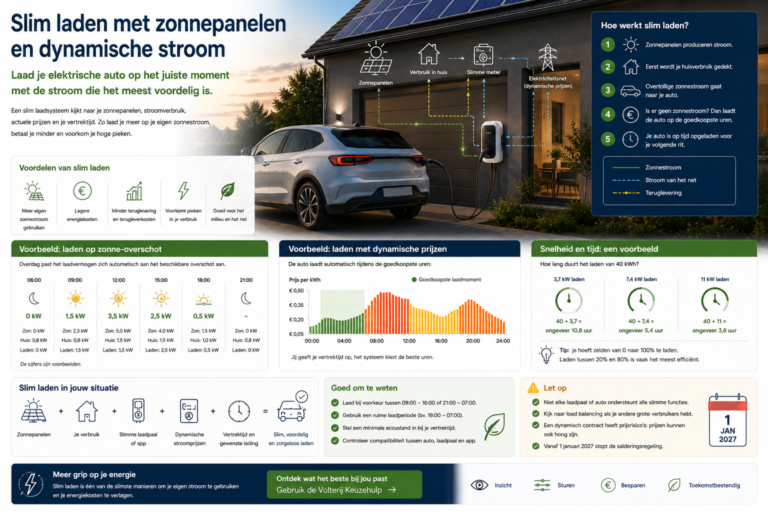 Elektrische auto slim laden met zonnepanelen, dynamische stroomprijzen en load balancing bij een woning