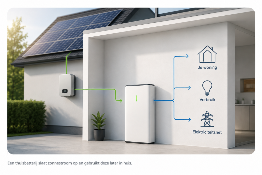 Thuisbatterij aan de buitenmuur van een woning met zonnepanelen voor opslag van zonnestroom
