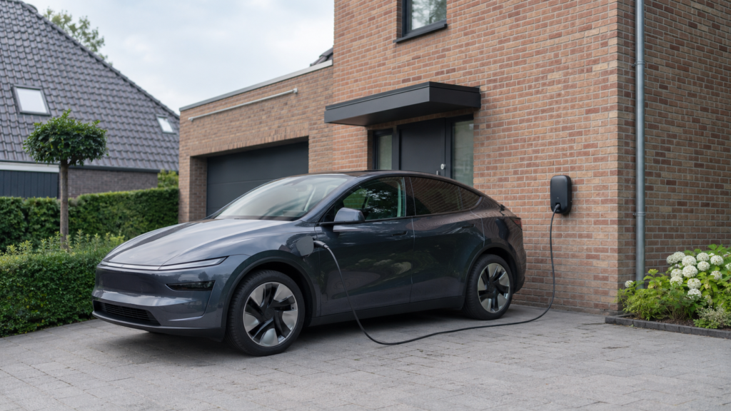 Elektrische auto aan een laadpaal op de oprit van een Nederlandse woning.