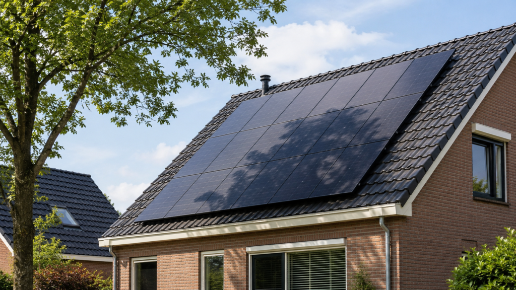 Gedeeltelijke schaduw van een boom op zonnepanelen van een Nederlandse woning.