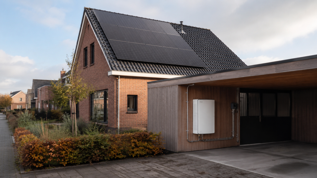 Thuisbatterij naast een Nederlandse woning met zonnepanelen op het dak