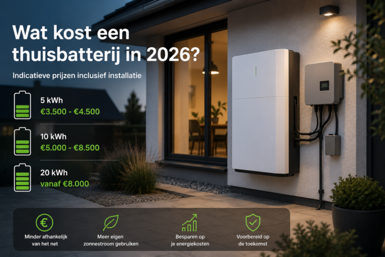 Thuisbatterij bij een woning met indicatieve prijzen voor 5, 10 en 20 kWh in 2026