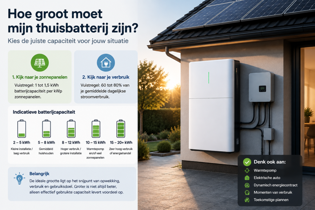 Thuisbatterij bij woning met indicatieve capaciteit op basis van zonnepanelen en stroomverbruik