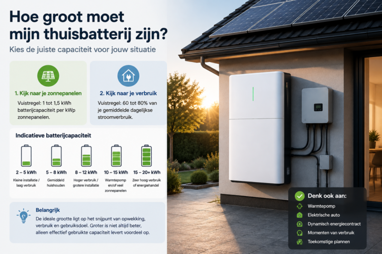 Thuisbatterij bij woning met indicatieve capaciteit op basis van zonnepanelen en stroomverbruik