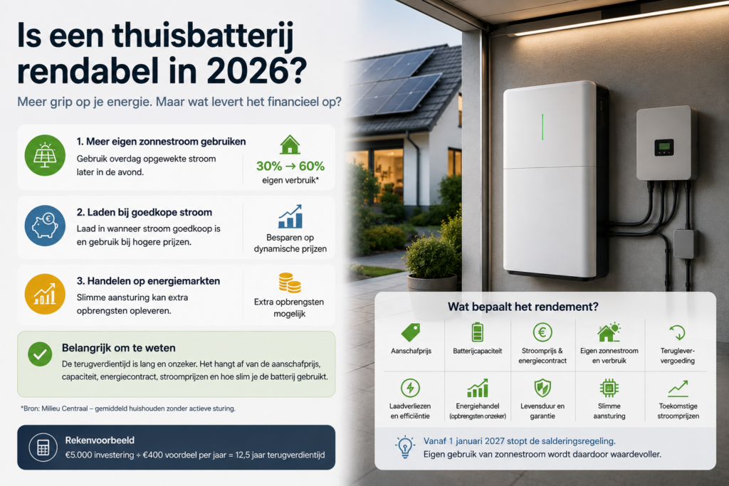 Thuisbatterij bij woning met vergelijking van kosten, besparing en terugverdientijd in 2026