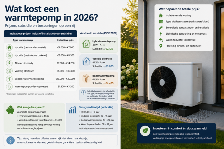 Warmtepomp bij Nederlandse woning met overzicht van kosten, subsidie en besparing in 2026