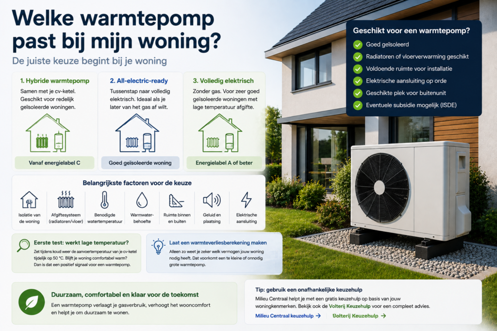 Warmtepomp bij moderne woning met vergelijking van hybride, all-electric-ready en volledig elektrisch