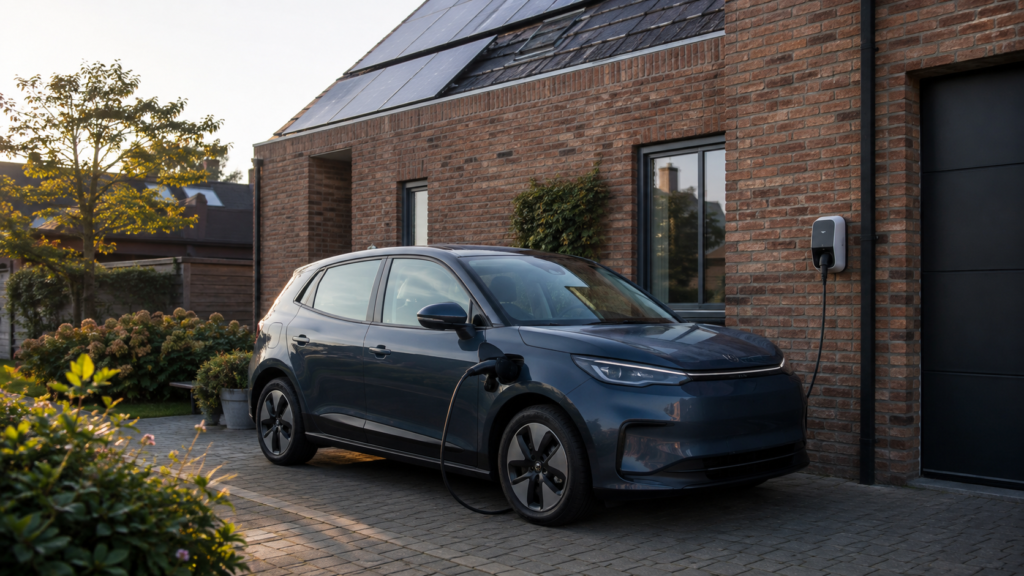 Elektrische auto aan een laadpaal bij een woning met zonnepanelen