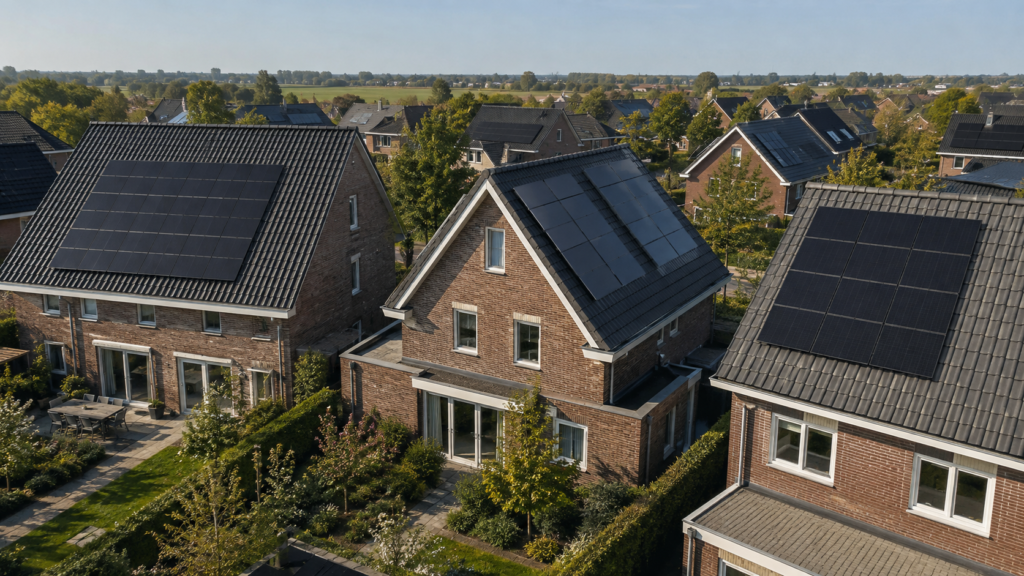 Nederlandse woningen met zonnepanelen op verschillende dakrichtingen