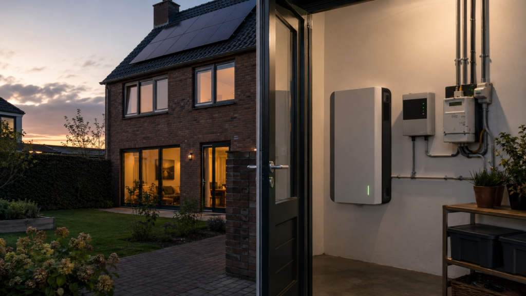 Nederlandse woning met zonnepanelen en een thuisbatterij met dynamisch energiecontract