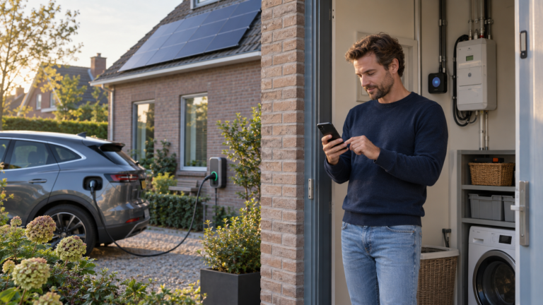 Huiseigenaar volgt een dynamisch energiecontract bij een woning met zonnepanelen en een elektrische auto