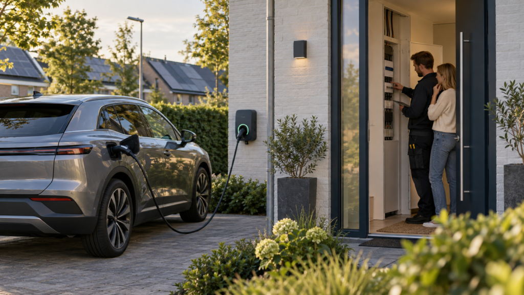 Elektrische auto bij een woning waar 1-fase of 3-fase laden wordt gecontroleerd
