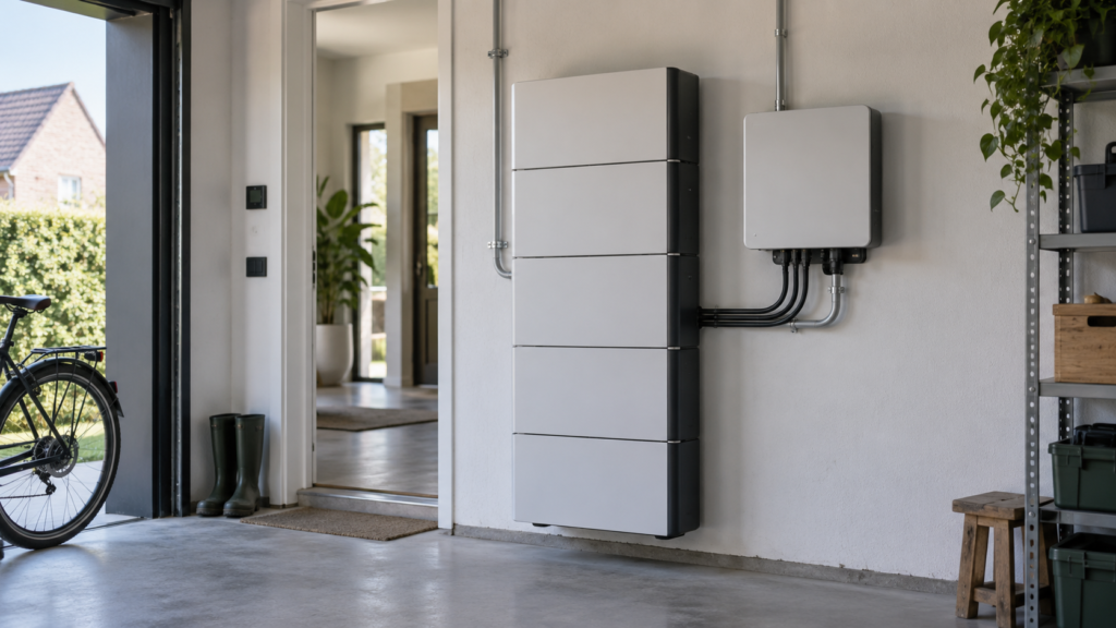 Modulaire thuisbatterij met omvormer in een moderne Nederlandse garage