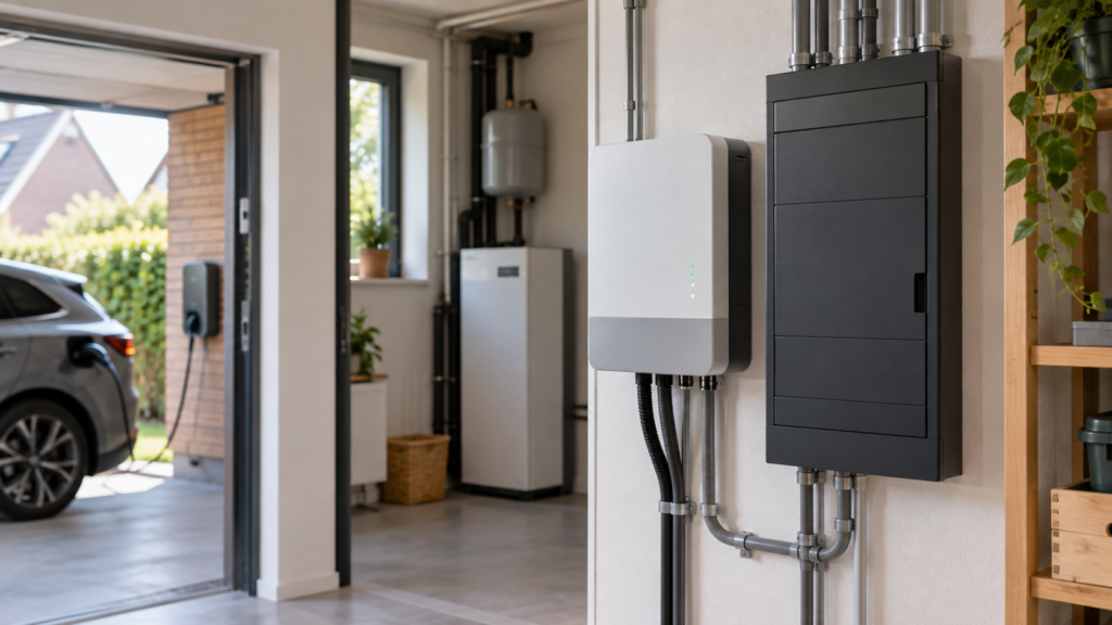 Energiemanagementsysteem naast de meterkast in een moderne Nederlandse woning met laadpaal