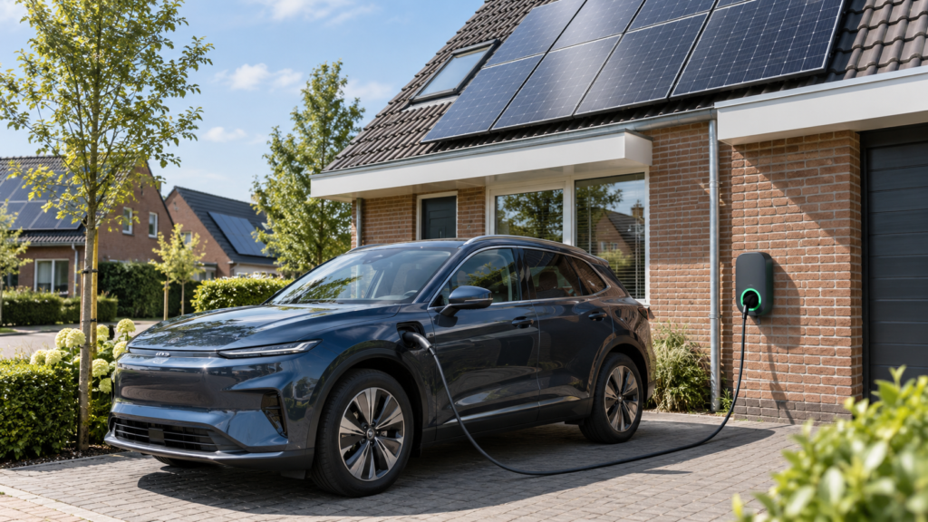 Elektrische auto wordt bij een moderne Nederlandse woning opgeladen met stroom van zonnepanelen