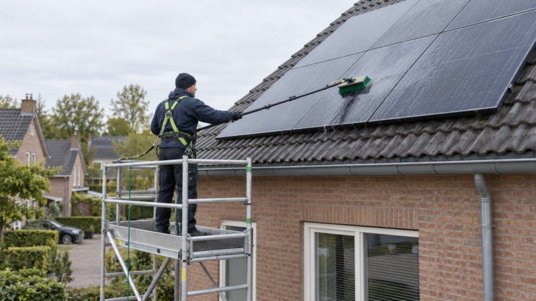 Professional reinigt zonnepanelen veilig vanaf een steiger bij een Nederlandse woning