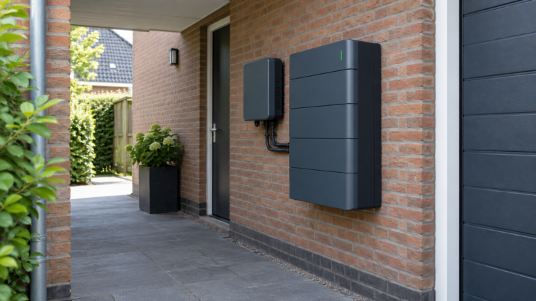 Thuisbatterij aan een beschutte buitenmuur van een moderne Nederlandse woning