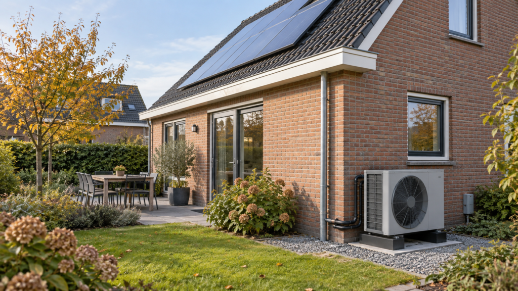 Moderne Nederlandse woning met zonnepanelen en een buitenunit van een warmtepomp.