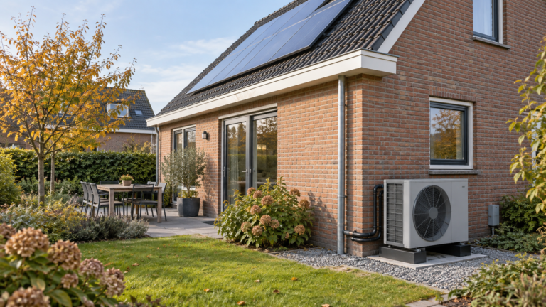 Moderne Nederlandse woning met zonnepanelen en een buitenunit van een warmtepomp.