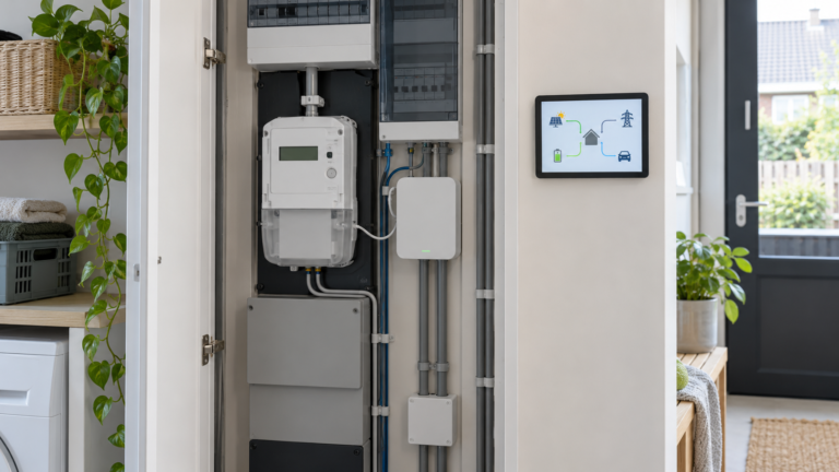 Slimme meter in een Nederlandse meterkast gekoppeld aan een energiemanagementsysteem met energiedisplay.