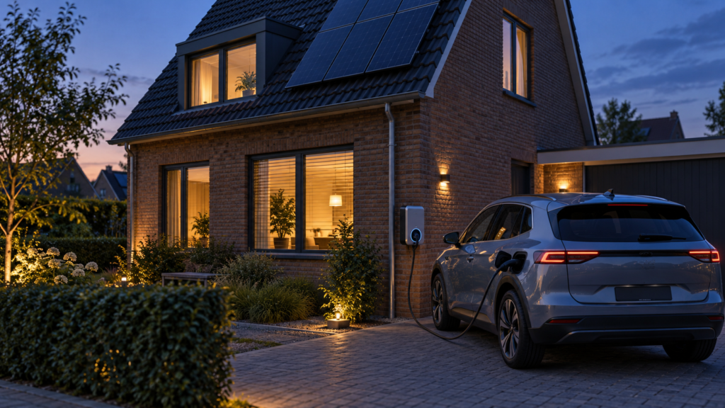 Elektrische auto bij een Nederlandse woning met zonnepanelen aangesloten op een bidirectionele laadpaal.