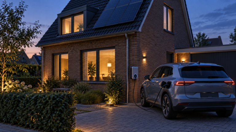 Elektrische auto bij een Nederlandse woning met zonnepanelen aangesloten op een bidirectionele laadpaal.