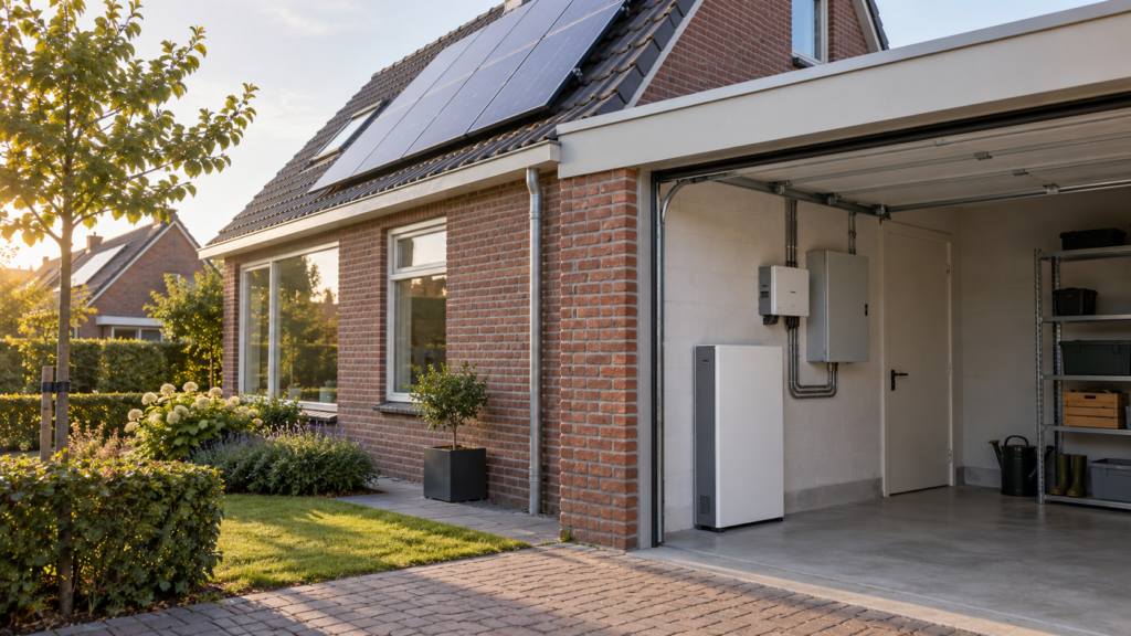 Nederlandse woning met zonnepanelen en een veilig geplaatste thuisbatterij in de garage.