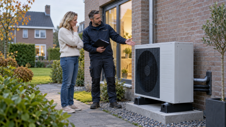 Woningeigenaar bespreekt de verwachte besparing van een warmtepomp met een installateur bij een Nederlandse woning.