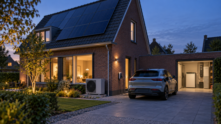 Nederlandse woning waar zonnepanelen, thuisbatterij, warmtepomp en laadpaal samen onderdeel zijn van slim energiebeheer.
