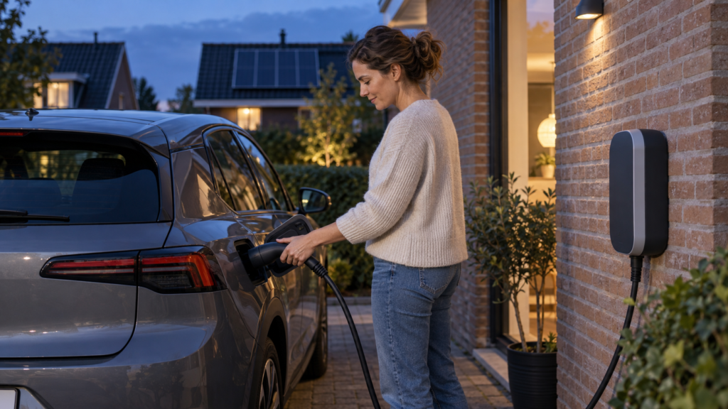 Elektrische auto wordt in de avond opgeladen bij een laadpaal aan een Nederlandse woning.