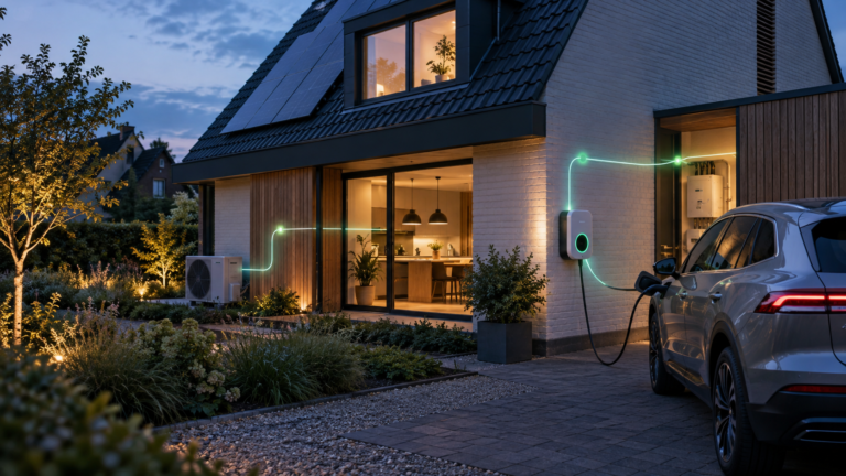 Elektrische auto bij een woning met een laadpaal en dynamische load balancing