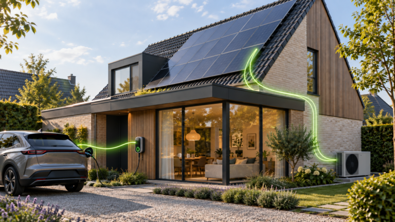 Woning met zonnepanelen, laadpaal en warmtepomp die eigen zonnestroom gebruiken