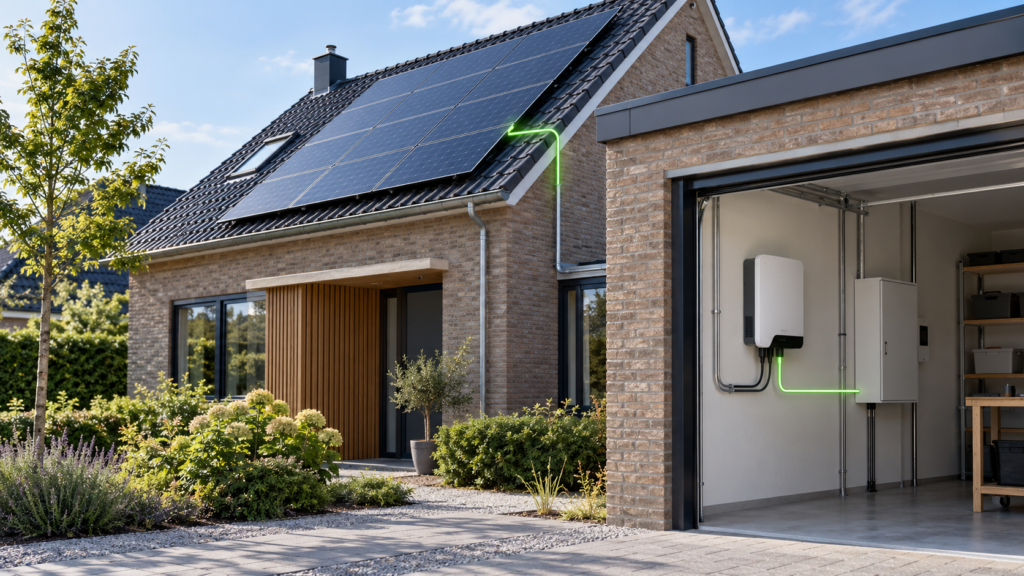 Zonnepanelen op een woning met een omvormer in de garage
