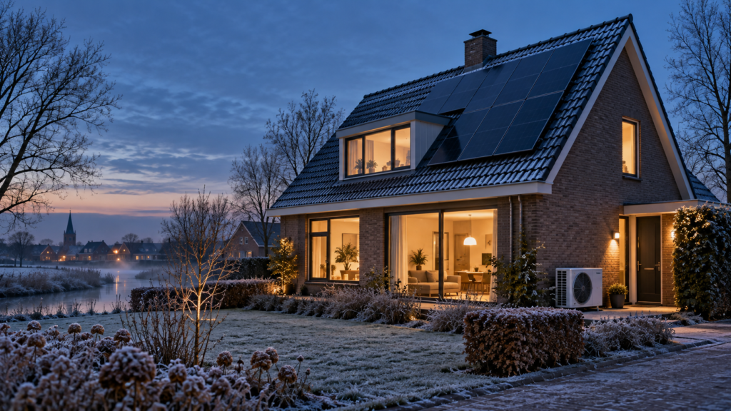 Nederlandse woning tijdens een koude winteravond bij stijgende energieprijzen
