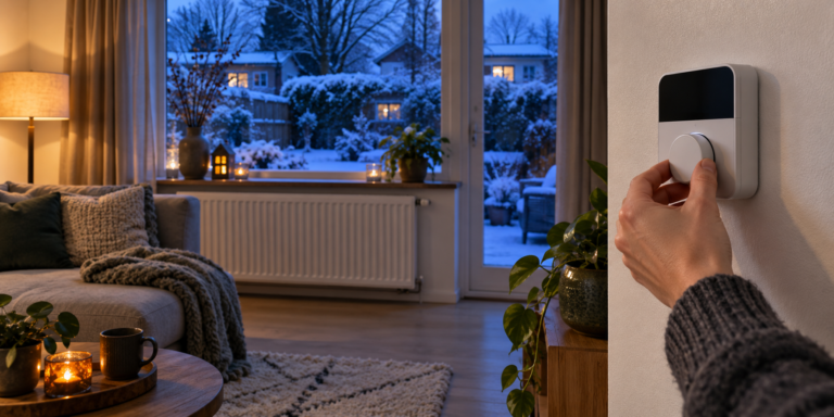 Hand draait de thermostaat lager in een Nederlandse woonkamer tijdens een koude winteravond