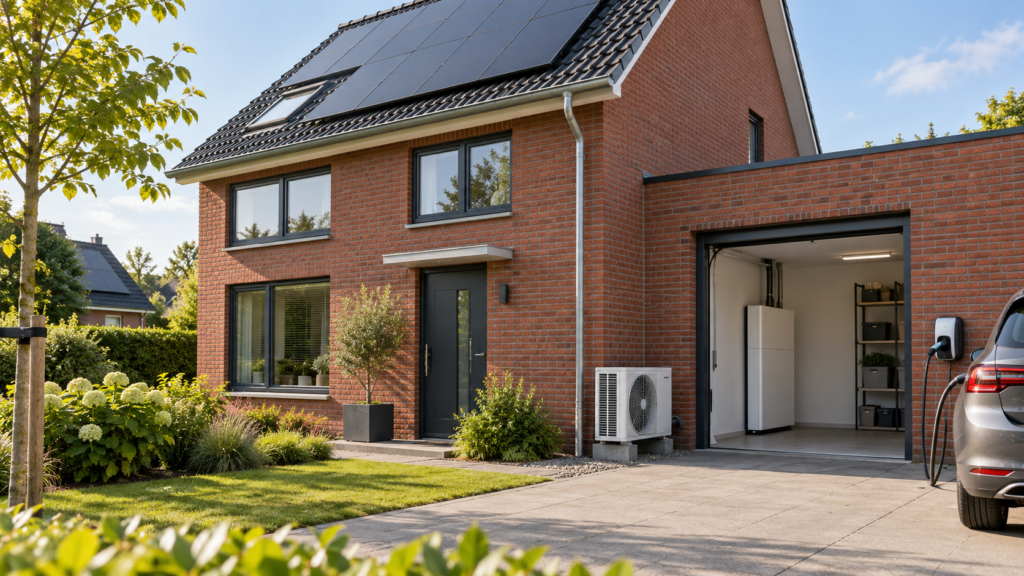 Nederlandse woning met zonnepanelen, warmtepomp, thuisbatterij en elektrische auto aan een laadpunt.