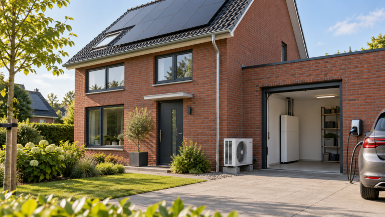 Nederlandse woning met zonnepanelen, warmtepomp, thuisbatterij en elektrische auto aan een laadpunt.