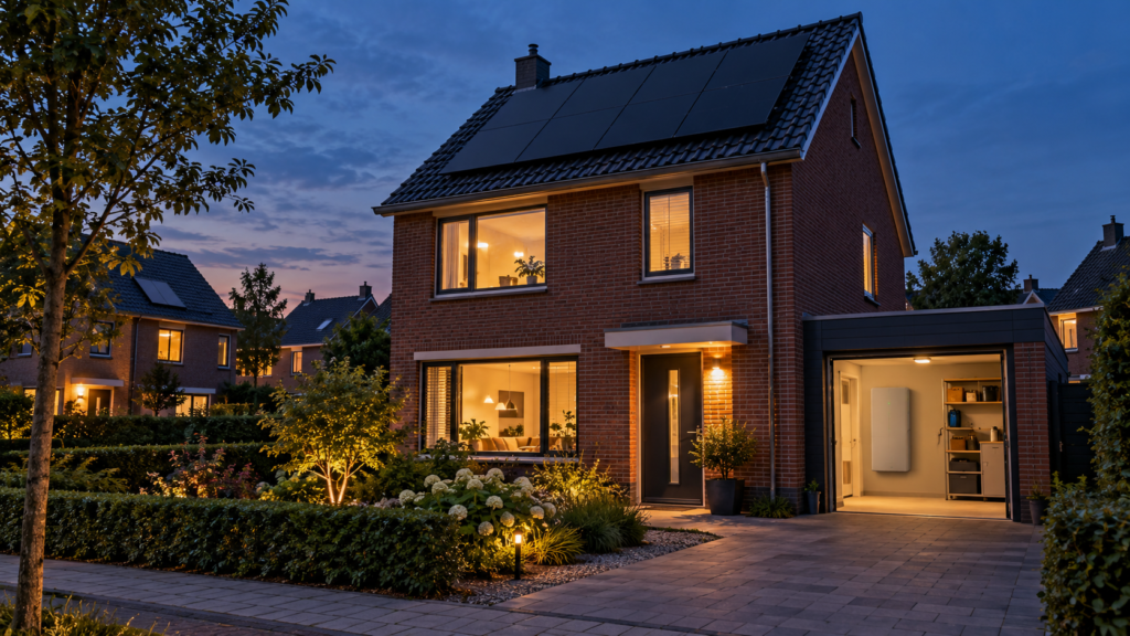Thuisbatterij na salderen bij een Nederlandse woning met zonnepanelen in de avond.
