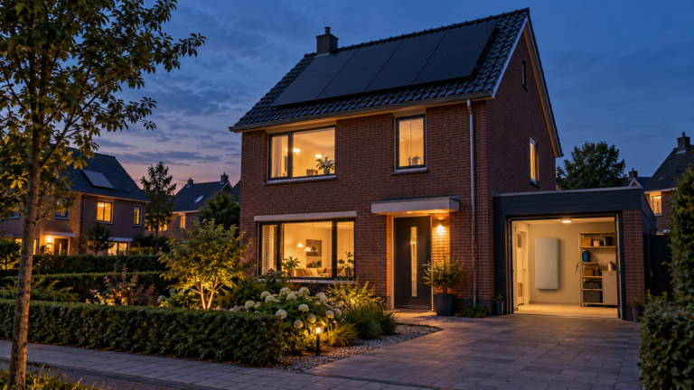 Thuisbatterij na salderen bij een Nederlandse woning met zonnepanelen in de avond.