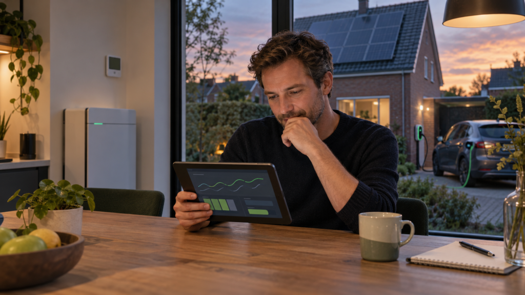 Man vergelijkt een vast of dynamisch energiecontract in 2027 bij een woning met zonnepanelen, elektrische auto en thuisbatterij.