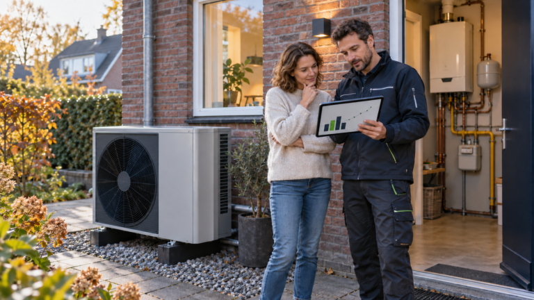 Woningeigenaar onderzoekt wanneer een warmtepomp goedkoper is dan gas met een installateur naast een warmtepomp.