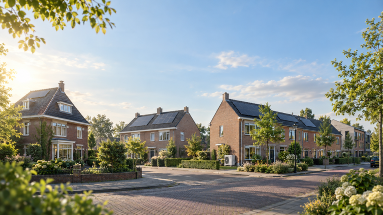 Verschillende Nederlandse woningtypen met zonnepanelen en een warmtepomp na verduurzaming